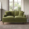 Green Velvet Sofa 2 Seater with Ruched Saddle Arms Wooden Gold Legs Traditional