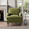 Green Velvet Armchair with Ruched Saddle Arms Wooden Gold Legs Traditional STyle