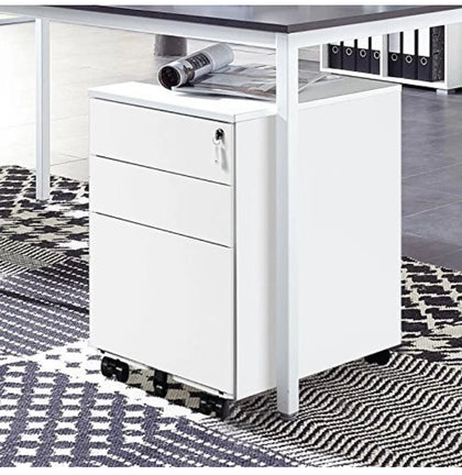 3 Drawers Filing Cabinet With Lock Metal Office File Storage on 5 Castors White
