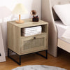 Rattan Bedside Table with Drawer and Shelf Wood Nightstand End Table Metal Frame