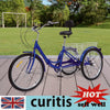 24 Inch Adult Trike Tricycle Foldable 3 Wheel Bike 7-Speed With Basket Blue UK