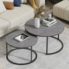 Set of 2 Nesting Coffee Tables Round Side End Table with Black Metal Frame, Grey