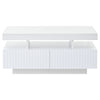 LED Coffee Table with 2 Drawers & Open Shelf, Vertical Ribbed White Centre Table