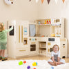 Corner Kitchen Playset Wooden Kids Pretend Play Kitchen w/Fridge-Beige