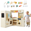 Corner Kitchen Playset Wooden Kids Pretend Play Kitchen w/Fridge-Beige