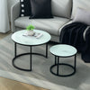 Nesting Coffee Table Set of 2, Marble-Effect Glass Round Side Tables, White