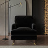 Black Velvet Armchair with Dark Wood Gold Legs Saddle Arms Traditional Style
