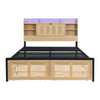 4ft6 Double Wooden Bed Frame with Storage Headboard, LED Light & Rattan Drawers