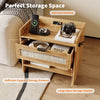 Boho Rattan Nightstand,Bedside Table with Charging Station,Drawer &Storage Shelf
