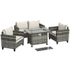 5 PCs Rattan Garden Furniture Set with Fire Pit Table Loveseat Sofa Grey