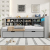 3FT Wooden Bed Frame with Drawers Bookcase, Storage Headboard & LED Lights, Grey
