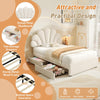 Velvet Single Bed Frame with Petal Headboard, 2 Drawers and Wood Slats, Beige
