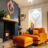 Orange Velvet Loveseat with Saddle Arms Wood Legs Foam Filled Traditional Style