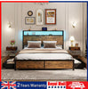 Double Size Bed Frame Metal Bed Platform LED Lights Headboard & 4 Storage Drawer