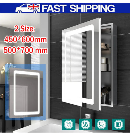 Bathroom Mirror Cabinet With LED Shaver Socket Demister Illuminated 600/700mm UK