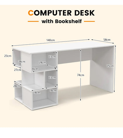 Modern Home Office Desk 140cm Computer Desk Study Writing Table with Bookshelf