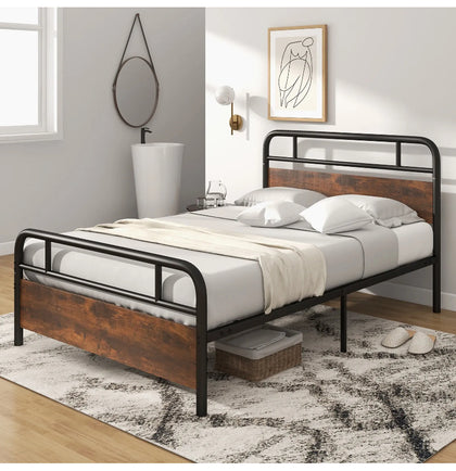 Double Size Bed Frame Platform Metal Slats Support Bed W/ Industrial Headboard