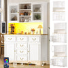 Kitchen Tall Storage Cabinet w/ LED Lights, Countertop, 6 Drawers & Glass Doors