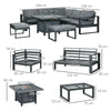 6pcs Outdoor Furniture Set, Garden Corner Sofa with Fire Pit Table, Aluminium