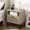 Rattan Bedside Table with Drawer and Shelf Wood Nightstand End Table Metal Frame