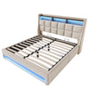 Upholstered King Bed w/ Remote LED & Type-C Port, Metal Slats, Linen, 135x190cm