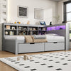 3FT Wooden Bed Frame with Drawers Bookcase, Storage Headboard & LED Lights, Grey
