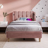 UPHOLSTERED BED 3FT SINGLE BED FRAME WITH WOOD SLATS & WINGED HEADBOARD, PINK