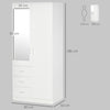 2-Door Wardrobe w/ Adjustable Shelf 3 Drawers Mirror Home Storage, 180cm, White