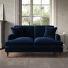 Navy Velvet Sofa 2 Seater with Ruched Saddle Arms Wood Gold Legs Traditional