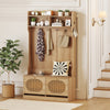 4-In-1 Hall Tree Entryway Bench with Coat Rack & Flip Drawers-Natural