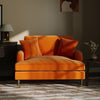 Orange Velvet Loveseat with Saddle Arms Wood Legs Foam Filled Traditional Style