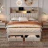 Modern Double Bed with Storage Drawers, LED Lighting & Charging, Linen, Beige