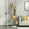Metal Coat Rack Stand Hall Tree w/ 3-Tier Shelves 9 Hooks Marble Base Gold Frame