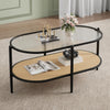 2 Tier Oval Rattan Coffee Table with Glass Top and Storage Shelf, Metal Frame