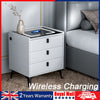 LED Bedside Table with 3 Drawers Wireless Charging Side Cabinet Nightstand Eusjr