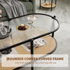 2 Tier Oval Rattan Coffee Table with Glass Top and Storage Shelf, Metal Frame