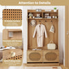 4-In-1 Hall Tree Entryway Bench with Coat Rack & Flip Drawers-Natural