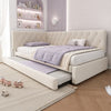 Velvet Upholstered Bed Daybed with Pull-Out Trundle, 3ft Single 90x190cm, Beige