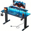 Gaming Desk with LED Lights & Power Outlets, Computer Desk with Monitor Sta