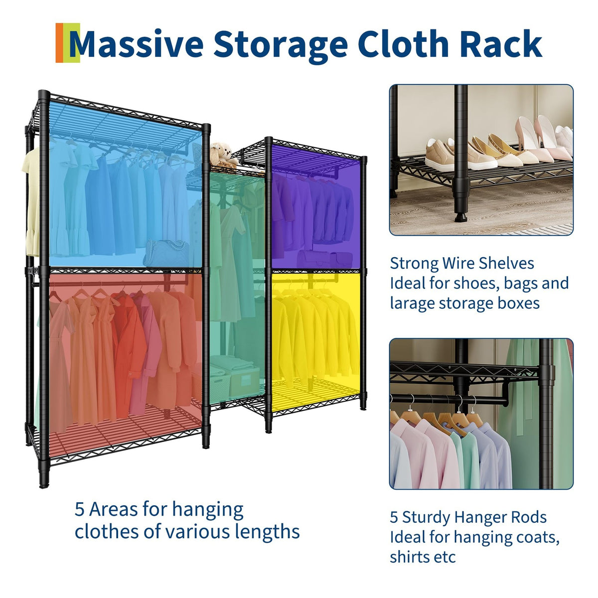 5-Tier Heavy Duty Clothes Rack,1870 lbs,With 8 Adjustable Shelves,5 Ha ...