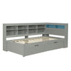 3FT Wooden Bed Frame with Drawers Bookcase, Storage Headboard & LED Lights, Grey