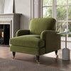 Green Velvet Armchair with Ruched Saddle Arms Wooden Gold Legs Traditional STyle