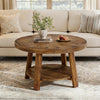 Round Solid Wood Coffee Table, 2-Tier Farmhouse Center Table for Living Room