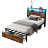 SINGLE METAL BED FRAME WITH LED, CHARGING STATION, STORAGE HEADBOARD AND DRAWER
