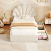 Velvet Single Bed Frame with Petal Headboard, 2 Drawers and Wood Slats, Beige