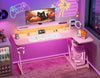 Pink 140cm L Shaped Gaming Desk with LED Lights, Monitor Stand & Shelves