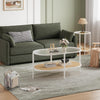 2 Tier Oval Rattan Coffee Table with Glass Top and Storage Shelf, Metal Frame