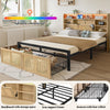 4ft6 Double Wooden Bed Frame with Storage Headboard, LED Light & Rattan Drawers