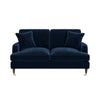 Navy Velvet Sofa 2 Seater with Ruched Saddle Arms Wood Gold Legs Traditional