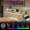 3ft Single Upholstered Bed with Hydraulic Storage, LED Headboard, Linen, Beige